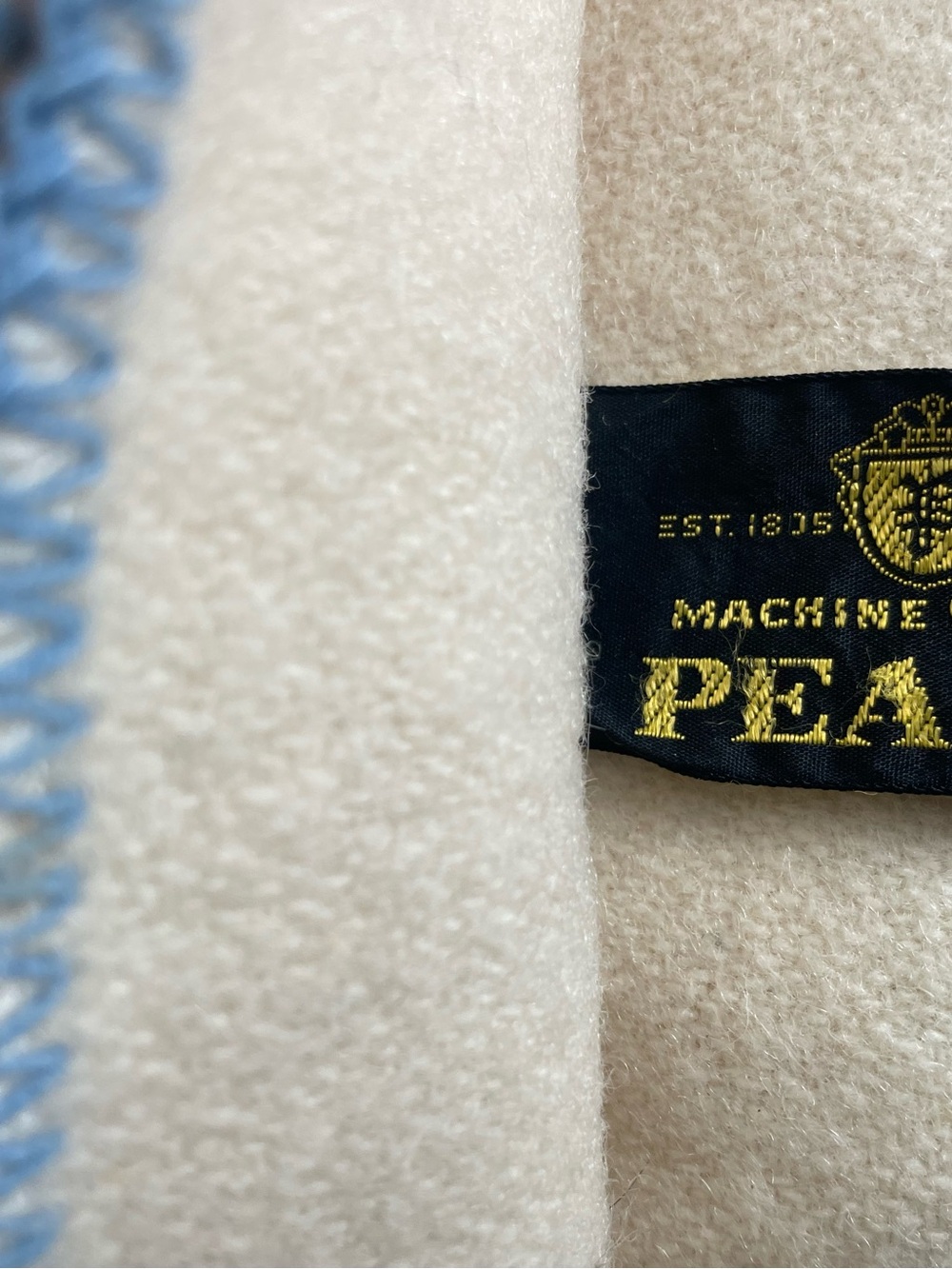 Vintage Pearce Cream Wool Blanket, 70” X 80”, with Contrast Stitching -